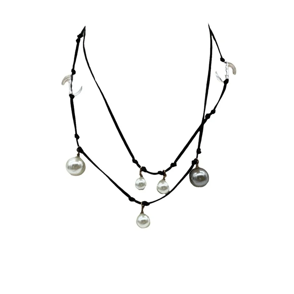 J Crew Black Corded Necklace w/ Rhinestone, Faux Pearl & Lucite Beads 36